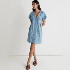 MADEWELL Tranquil Lake Blue Button Front V Neck Mini Dress NWT Size XXS